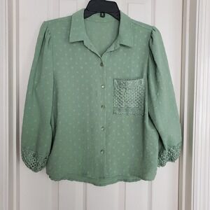Womens Sage Green Swiss Dot Button‎ Up Shirt with Lace Trim Medium